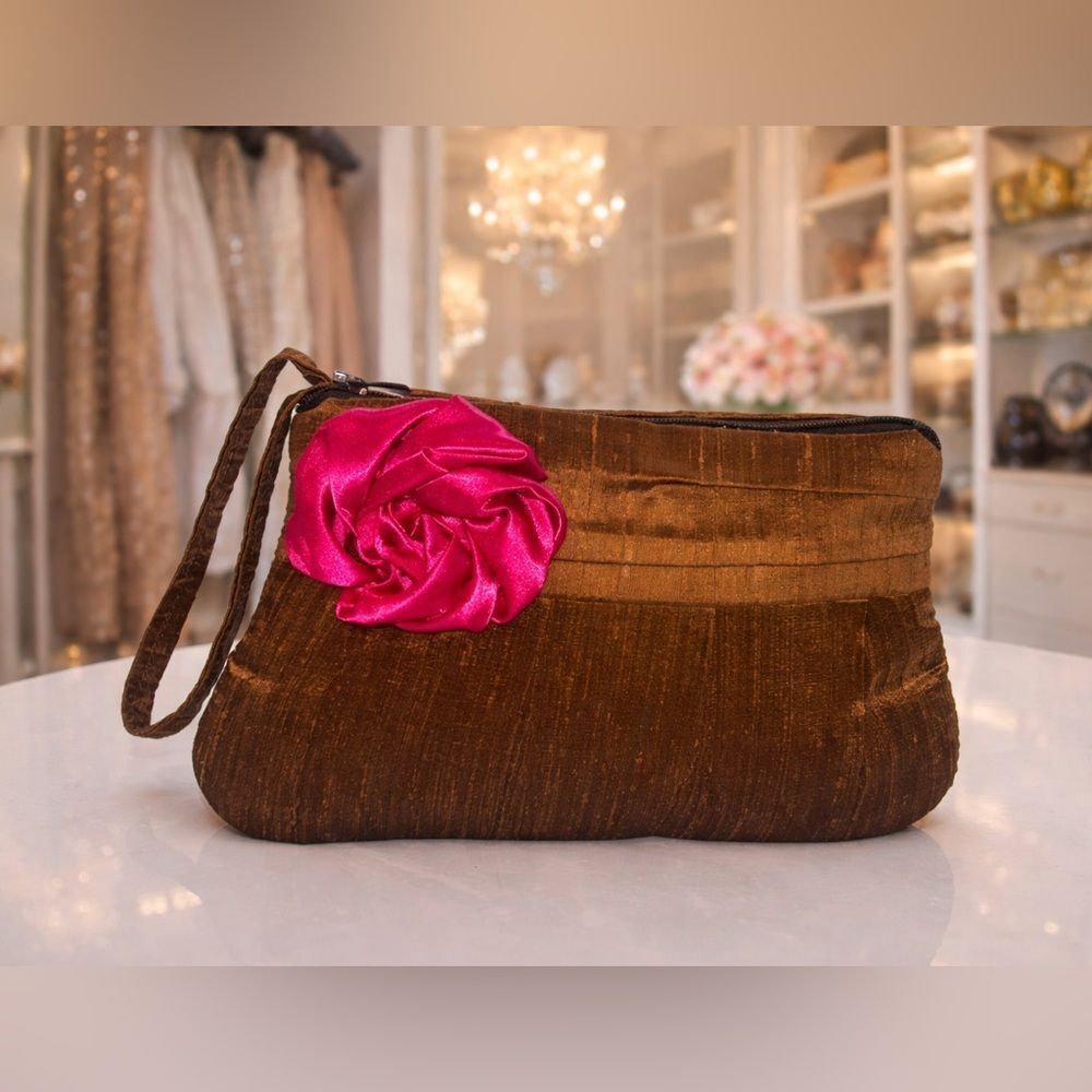 VTG Elegant Brown Silk Clutch Wristlet with Pink Flower Accent